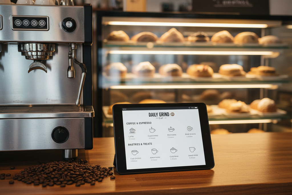 Digital coffee shop and bakery menu design displayed on a tablet with coffee machine and pastries in background