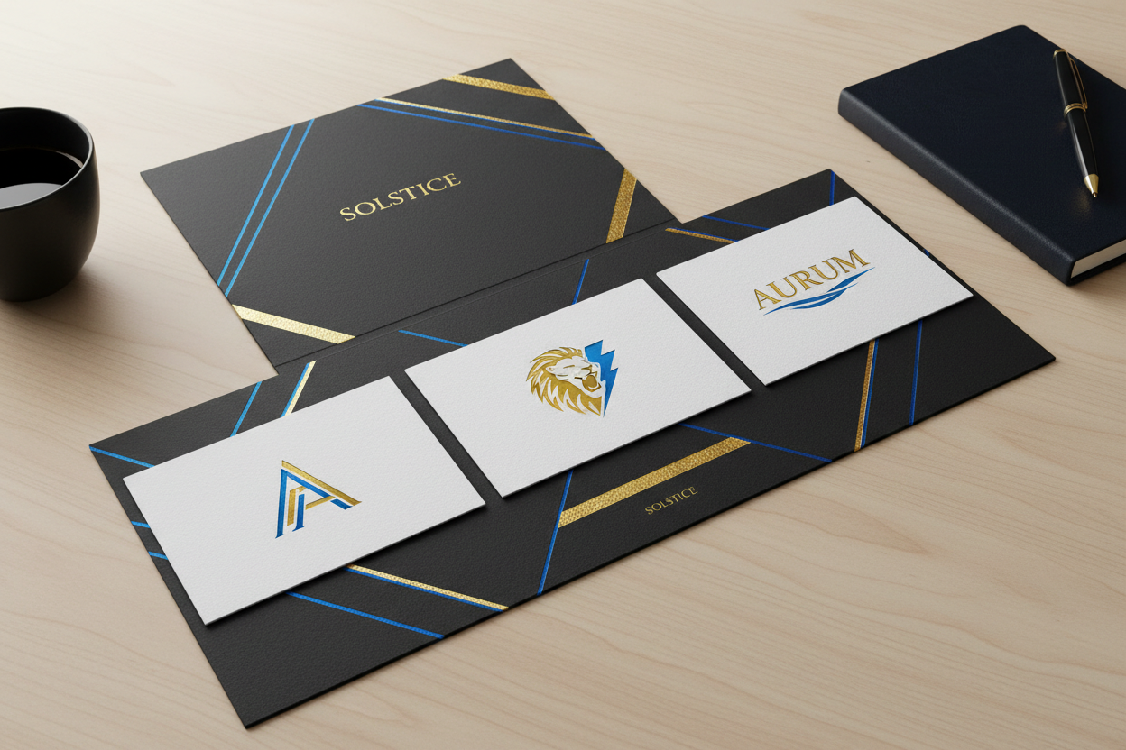 Quick-Win Logo Package featuring custom gold, blue, and black logo designs on business cards and folder with premium look